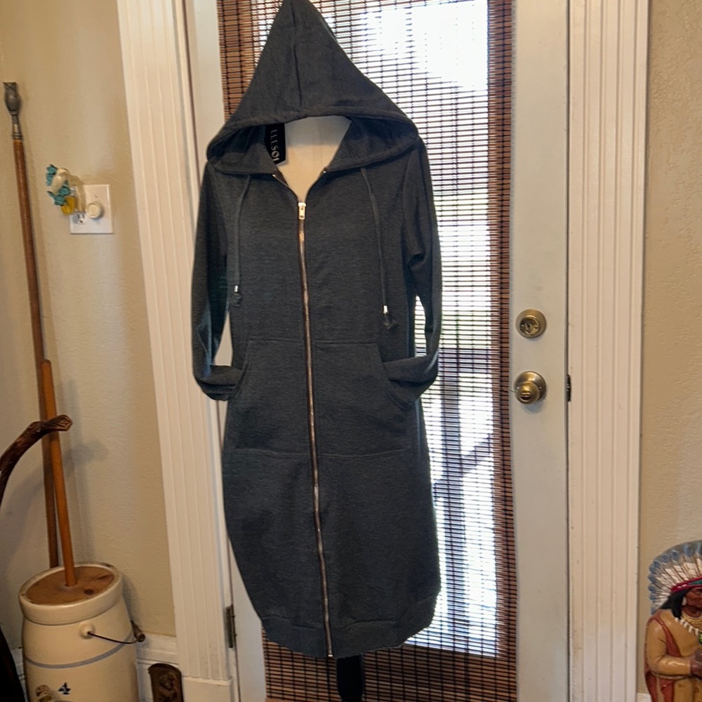 Elesol Long Zip-Up Fleece Sweatshirt Hoodie w/Pockets Dark Gray Size MD NWT